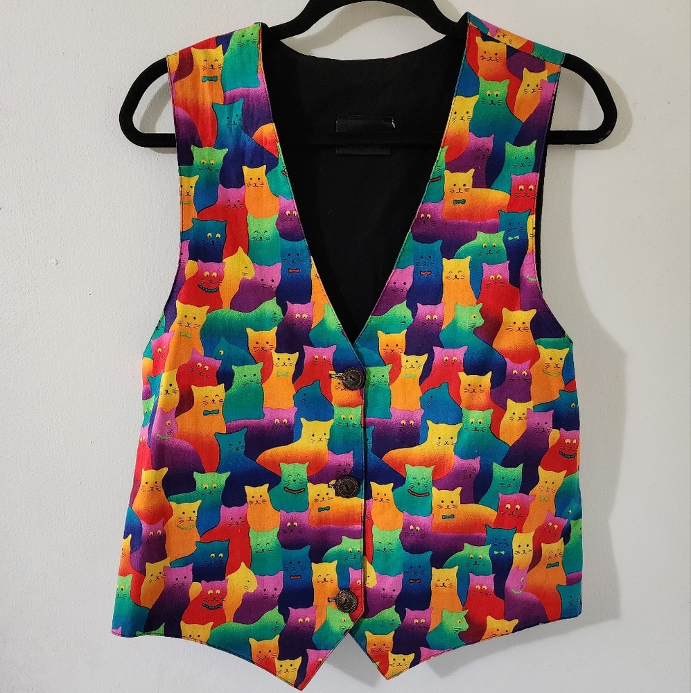 Vintage Retro Rainbow Cat Button Front Cotton Print Novelty Vest M